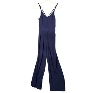 Halara Navy Blue V-Neck Wide Leg Jumpsuit Tall Small Double Strap Pleated Front